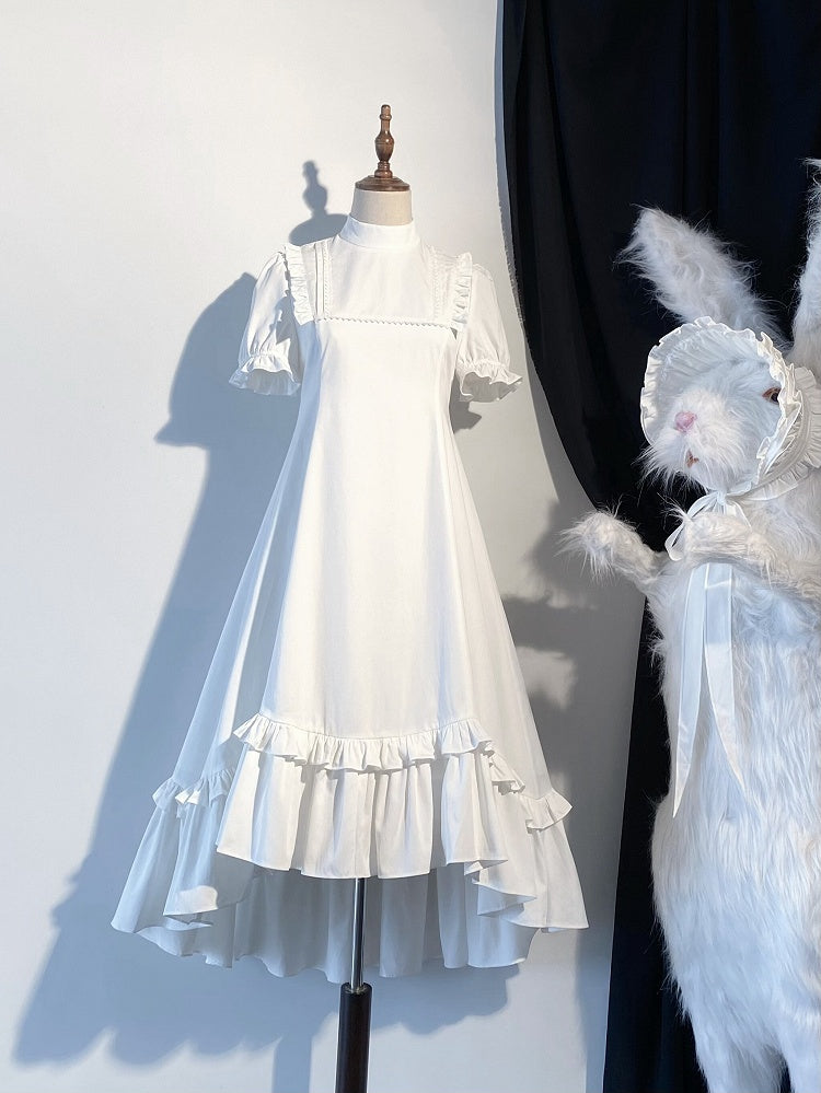White Gothic Lolita High-Low Ruffled Dress with Cross Patches - Blossom Herald