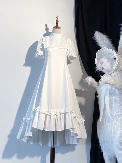 White Gothic Lolita High-Low Ruffled Dress with Cross Patches - Blossom Herald