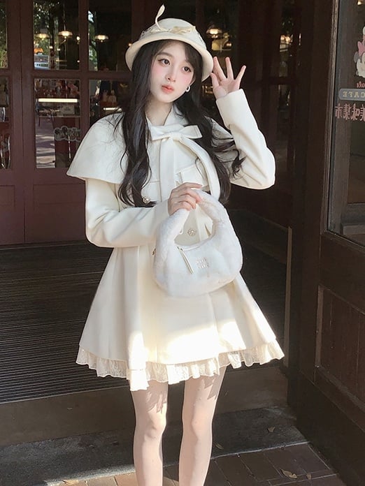 Button Jirai Cape Double-Breasted Front White Kei Pure Dress with Wool