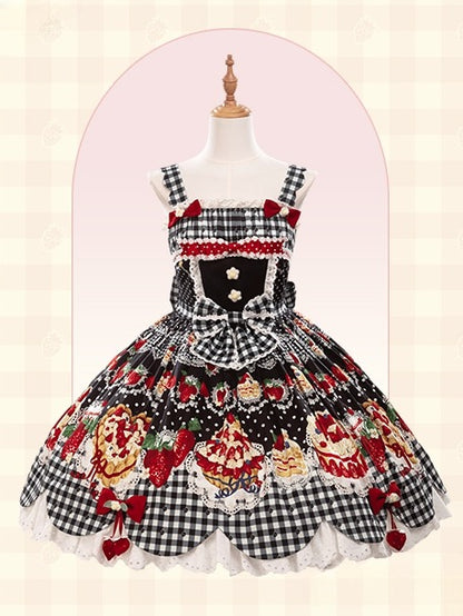 Strawberry Lolita Trim JSK Black Dress White Eyelet Print Cake with Scalloped