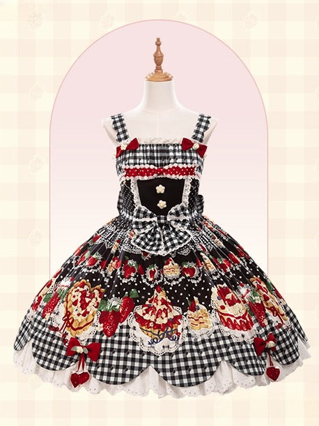 Strawberry Lolita Trim JSK Black Dress White Eyelet Print Cake with Scalloped