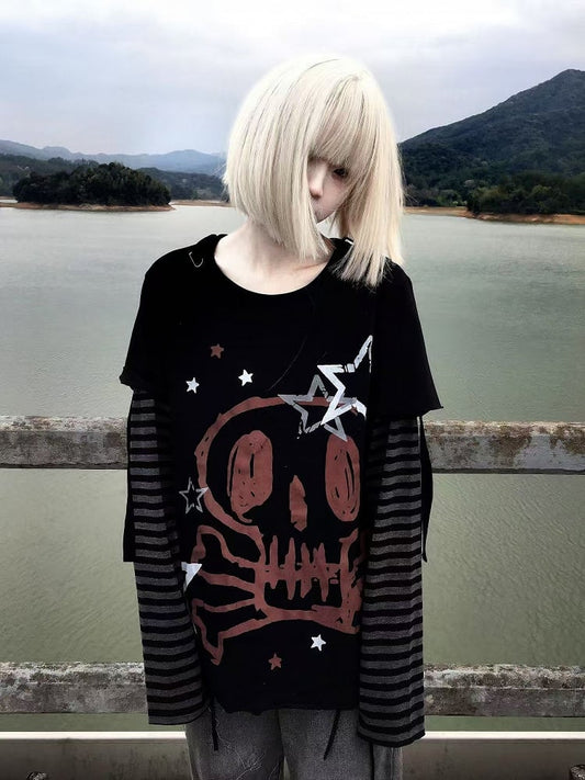 Star Print Punk Rock Black Skeleton Cotton Two-pieces and Top Faux