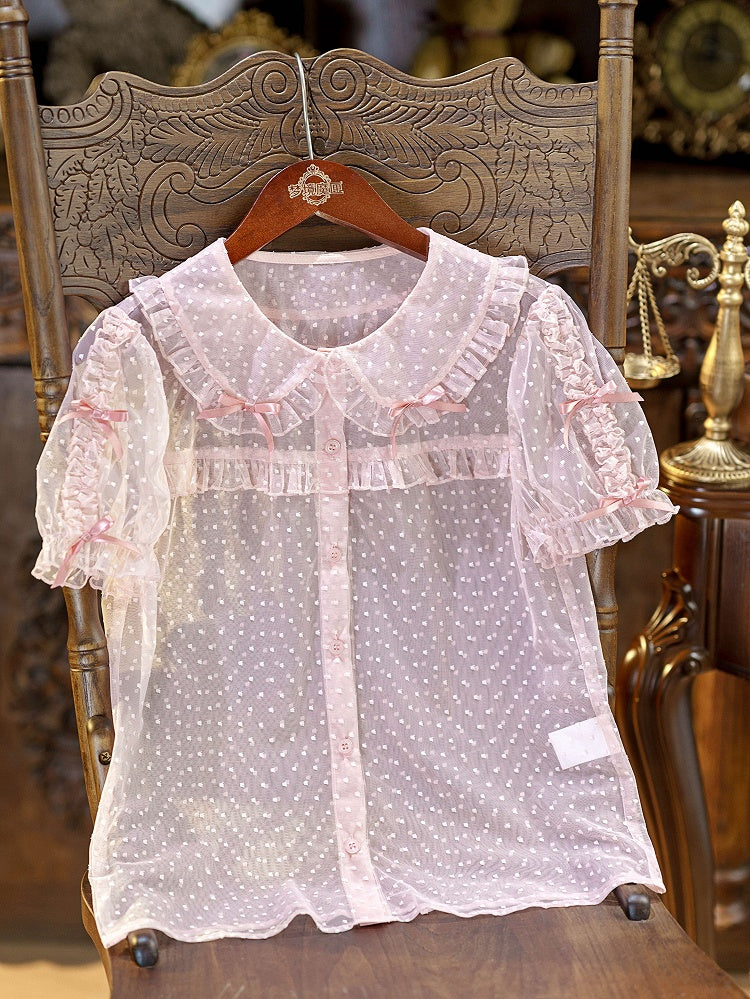 Pink Peter Pan Collar Polka Dot Sheer Tulle Blouse - Dream Magic Box