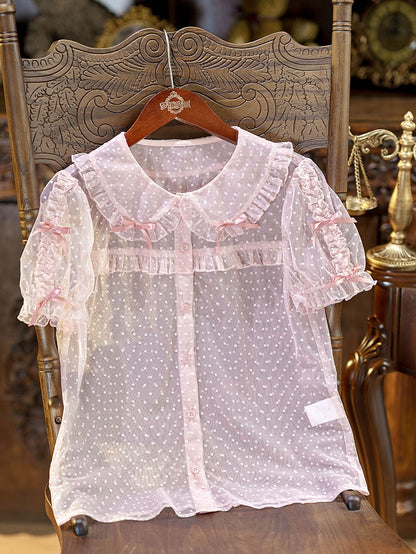 Pink Peter Pan Collar Polka Dot Sheer Tulle Blouse - Dream Magic Box