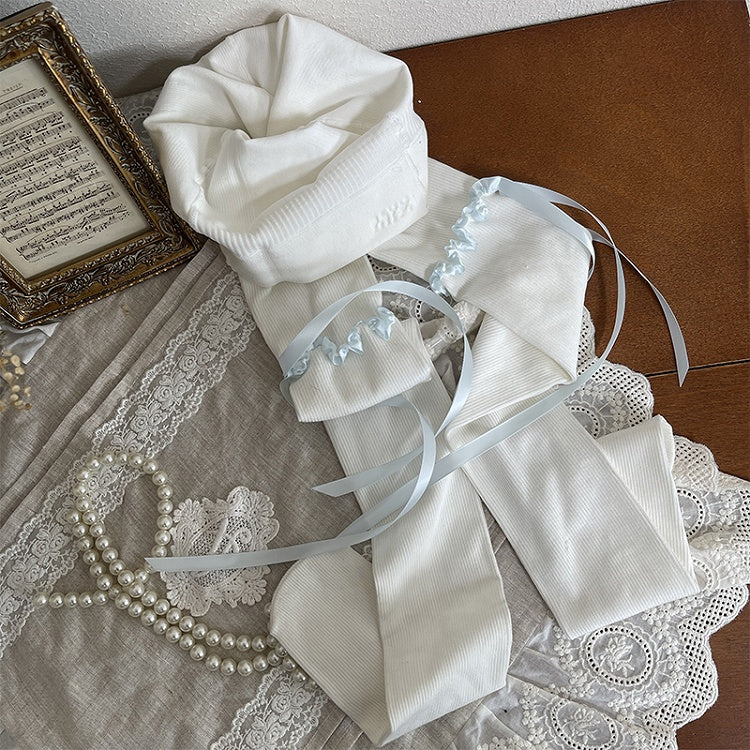 Vertical White with Strip Pattern Lace Bowknot Trim and Apricot/Pink/Blue Striped Tights