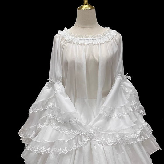 White Elastic Layered Lace Cuffs Bell Sleeves Blouse Neckline