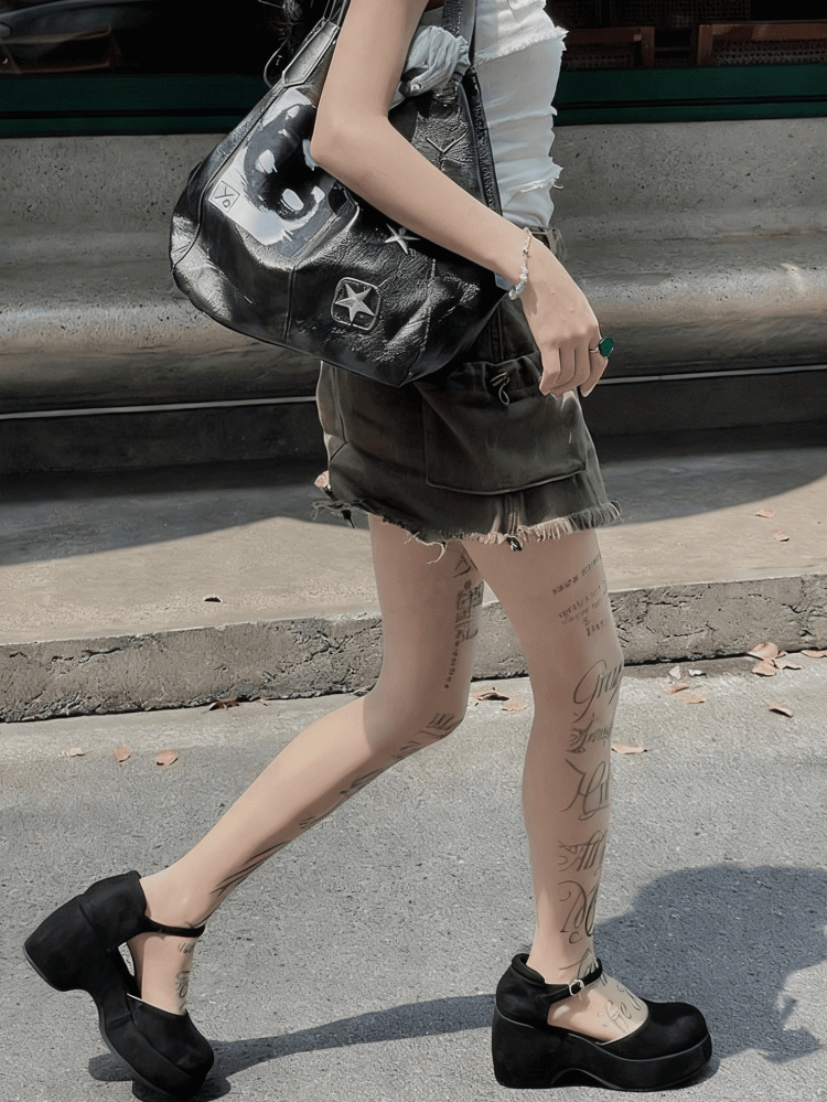 White/Nude Semi-sheer Pantyhose Print Letter