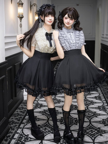 Gray Ruffled Blouse & Black Short Skirt Fake Two Pieces Lolita Dress - With PUJI