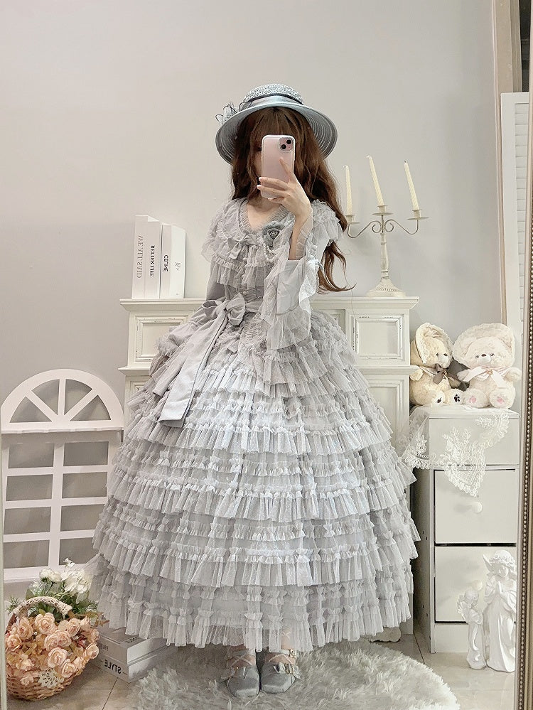 Elegant Bell Blouse Vest Belt Dotted + Sleeves Mesh Lolita Multi-layered Cotton Set Classic Waist - Skirt Tulle Gray