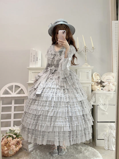 Elegant Bell Blouse Vest Belt Dotted + Sleeves Mesh Lolita Multi-layered Cotton Set Classic Waist - Skirt Tulle Gray