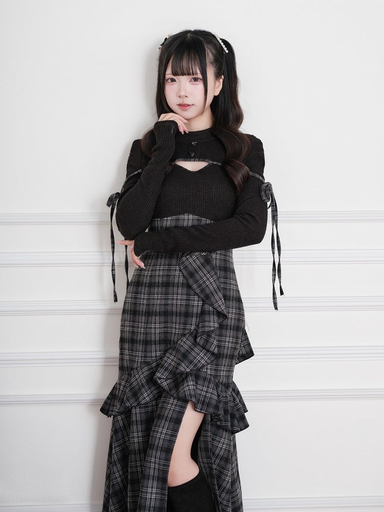 Black Jirai-Kei Faux Two-Piece Plaid Knit Long-Sleeve Dress, Ruffles & Hem Slit - No Genki
