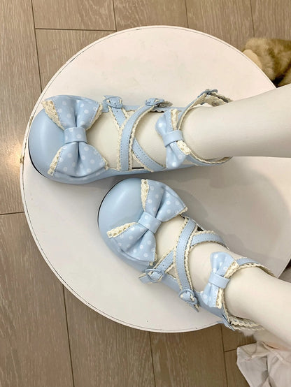 Mary with Janes Snap Heart-shaped Blue Lolita Bow Closure Lace-trimmed Sweet