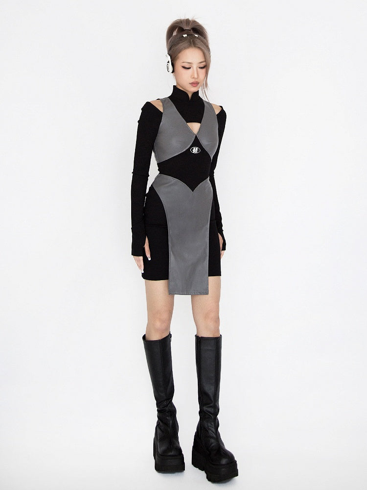 Cyberpunk Futuristisches Schwarz-Graues Stehkragen-Ausschnitt-Detail Ninja Glamouröses Kleid