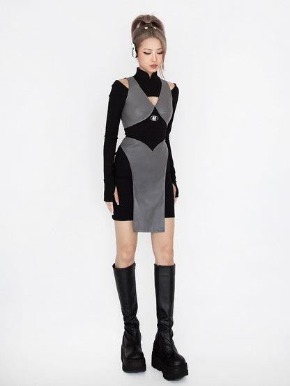 Cyberpunk Futuristisches Schwarz-Graues Stehkragen-Ausschnitt-Detail Ninja Glamouröses Kleid