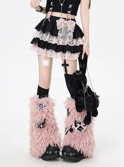 Y2K Waist Pink Lace Trim Black Elastic Tiered Skirt Contrast