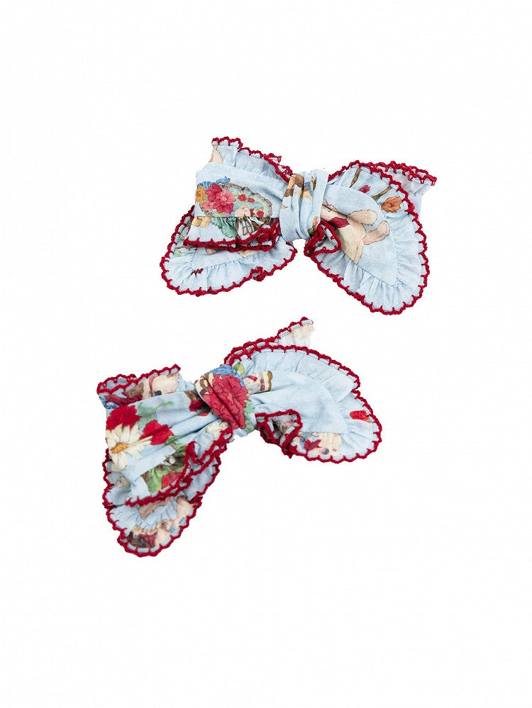 Beige Pink Blue Spring Picnic Print Lolita Bow Hairclips - DrunkCoco