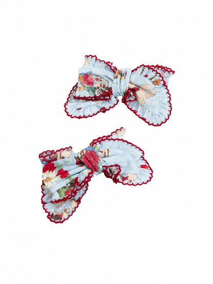 Beige Pink Blue Spring Picnic Print Lolita Bow Hairclips - DrunkCoco