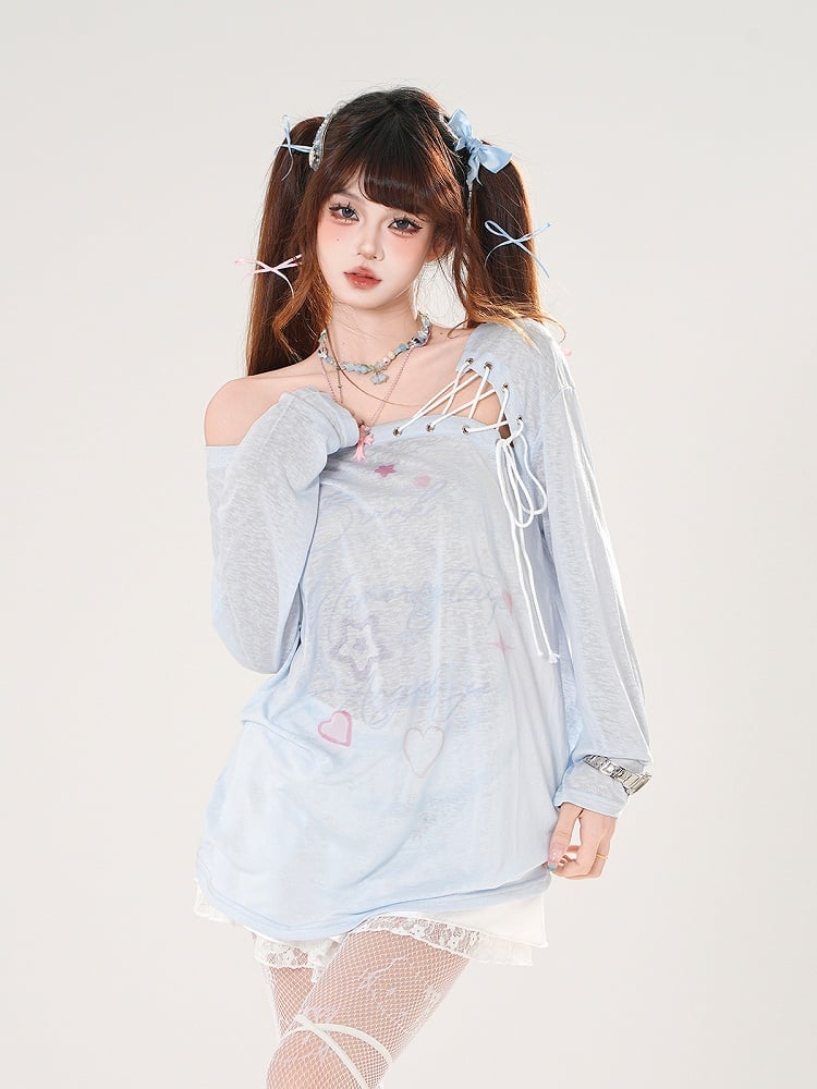 Semi-sheer Coverup Lace-up Asymmetrical Neckline Blue/White