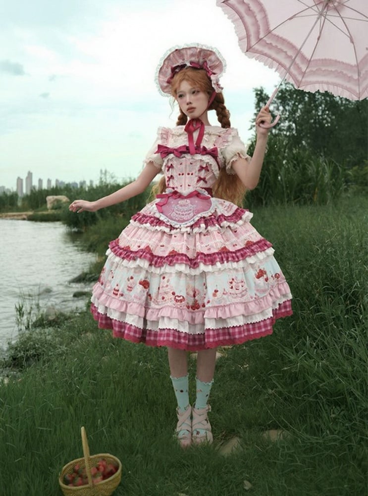Pink Cherry Cake Print Sweet Lolita Dress with Layered Ruffles - Strawberry Fantasy