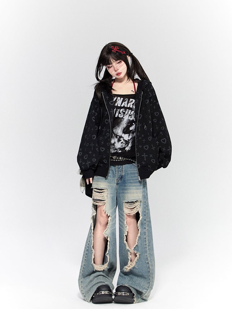 Ear Bear Schwarzes Kreuz mit Kapuzendruck, lila Gothic-Jacke mit Kapuze