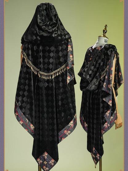 Black & Red Checked Pattern Lolita Cape with Embroidered Details - Neoludwig