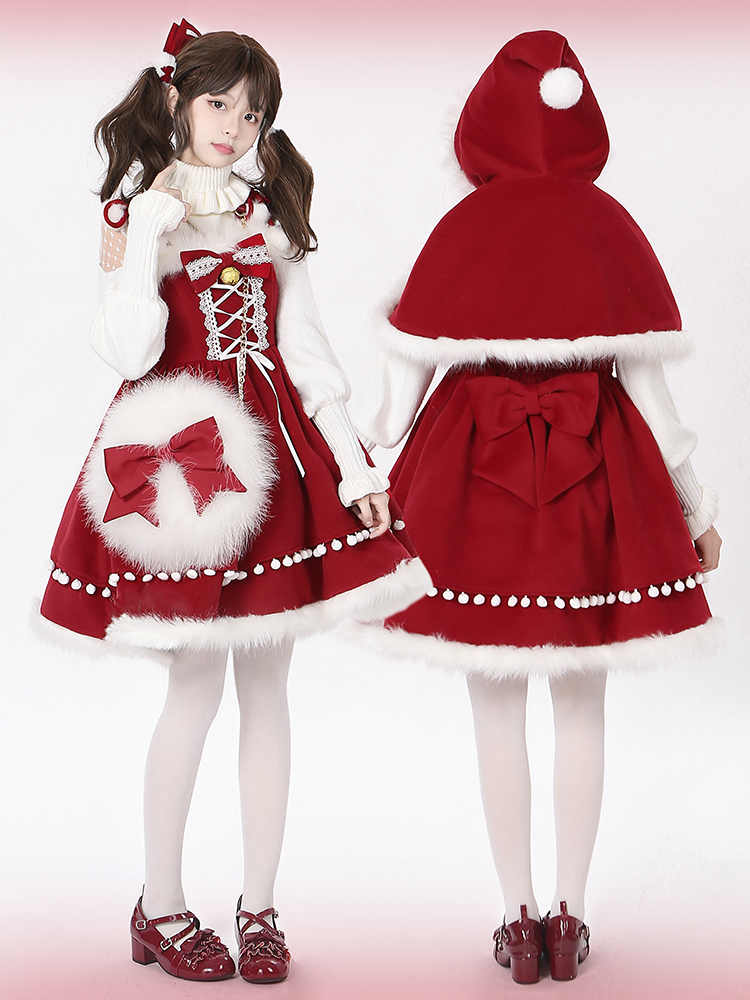 Detachable Plush Sweet Bow Cape Charm Lolita with Pompon Red Christmas Wine Trim