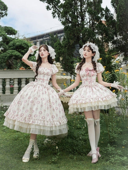 Elastisches langes klassisches Lolita-Kleid mit quadratischem Ausschnitt und Blumenmuster