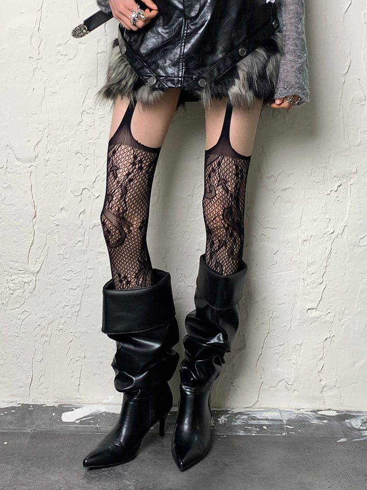 ダークゴシックブラックパンクホローアウトサスペンダータイツ