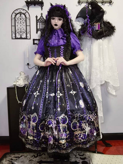 Purple Rosette and Skull Print Gothic Lolita Corset Under Bust JSK Dress - Sweetheart Love Song
