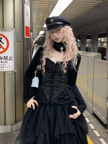 Embossed Lace-Up Back with Jacquard Lace Black/White Top Sleeve Frill Long