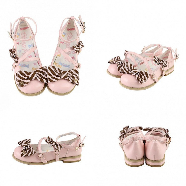 bei Bow Lolita Top Herz Schnallen Schuhe PinkBrown Muster Crisscross Design Gestreift