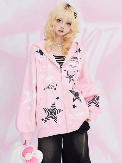 Pink Stars Print Spring Zip Hoodie