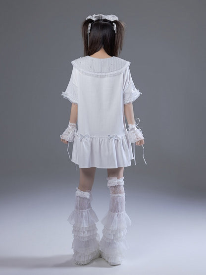 Peter Pan Collar Short Sleeve T-Shirt Dress with Print & Bows - Fluffy Heart