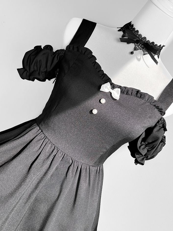 Set Black Piece + One Shoulder Plaid Cutout Apron Maid Lolita