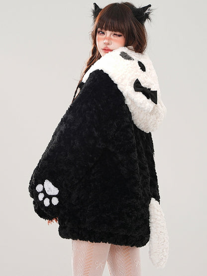 Schwarzer Fleece-Kapuzenpullover mit süßem Katzenkopf und Reißverschluss