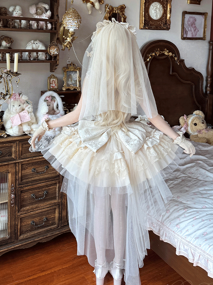 Puffkleidstoff mit baskischer Taille mit Stäbchen, Jacquard, Beige, JSK, Big Hime, Lolita, Balletcore, Schleifenschleppe