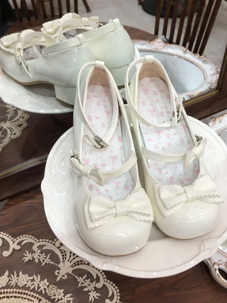 Janes Heel Bow White with Low/Mid Mary Sweet - Accents Lolita Delicate PU