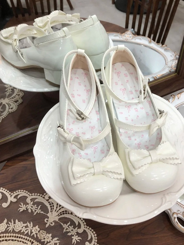 Mary Accents Bow White PU Delicate - Heel Lolita Janes with Sweet Low/Mid