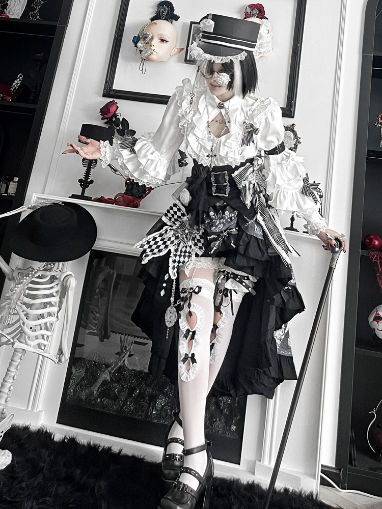 Black Cutout Accents Bow White with Ruffle Trim Stockings