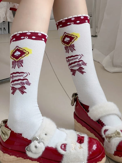 Weiße Lolita-Wadensocken mit Schleifenmuster und Rüschenbündchen