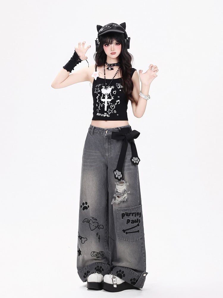 Distressed Straight-Leg Jeans with Embroidery - CRAZY GIRL