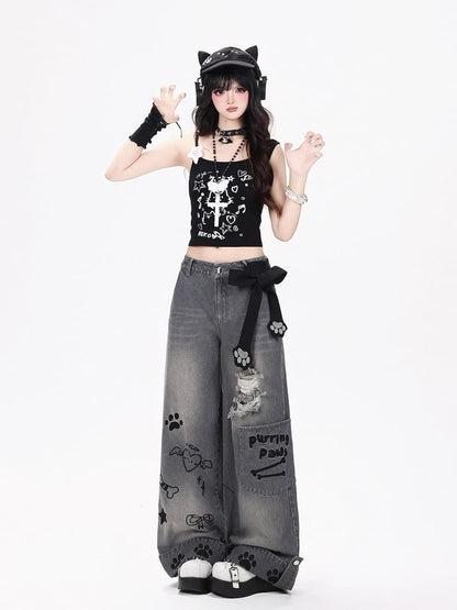 Distressed Straight-Leg Jeans with Embroidery - CRAZY GIRL