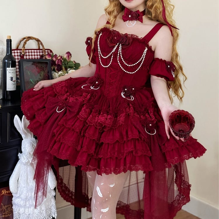 ウエストフラワーバスク裾フェアリースカートドレスジャンパーティアードレッドロリータ花嫁