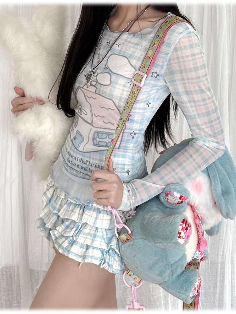 Tiered Ruffles Skort House Print Faux Two-Pieces Top/Modal Blue Plaid Pattern