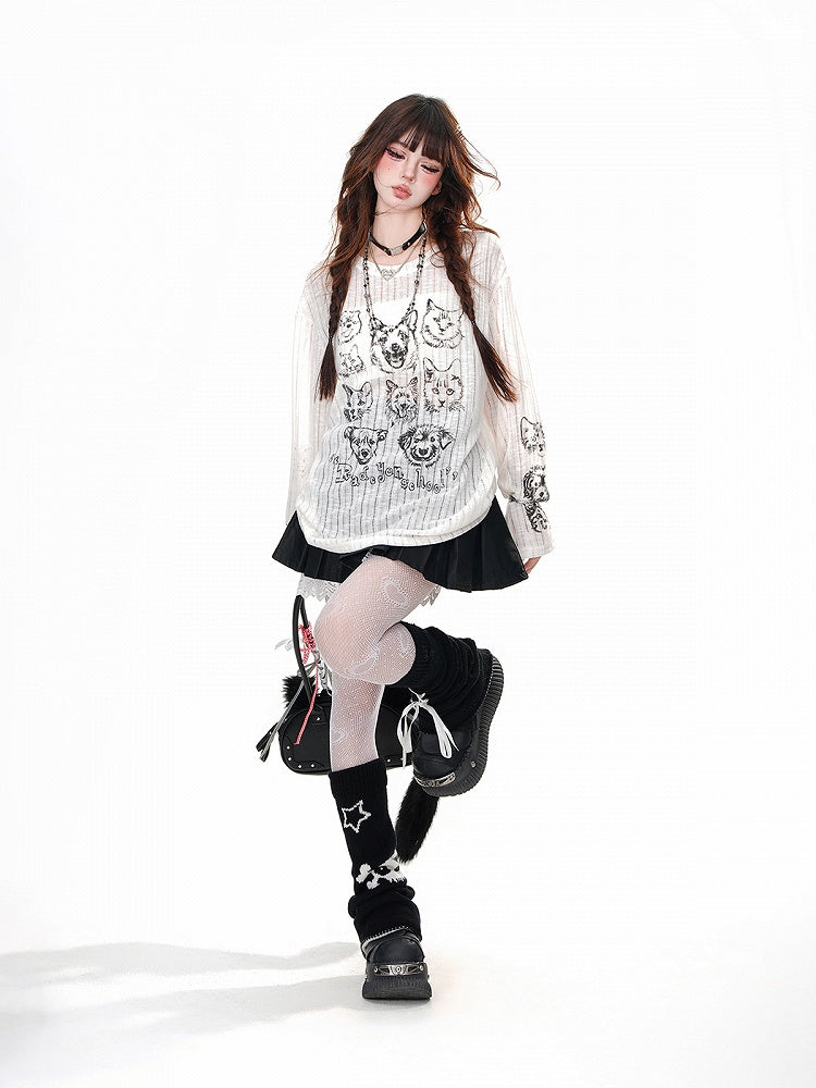 Neck Puppy Round Semi-sheer Top and Kitty Print Loose Black/Beige