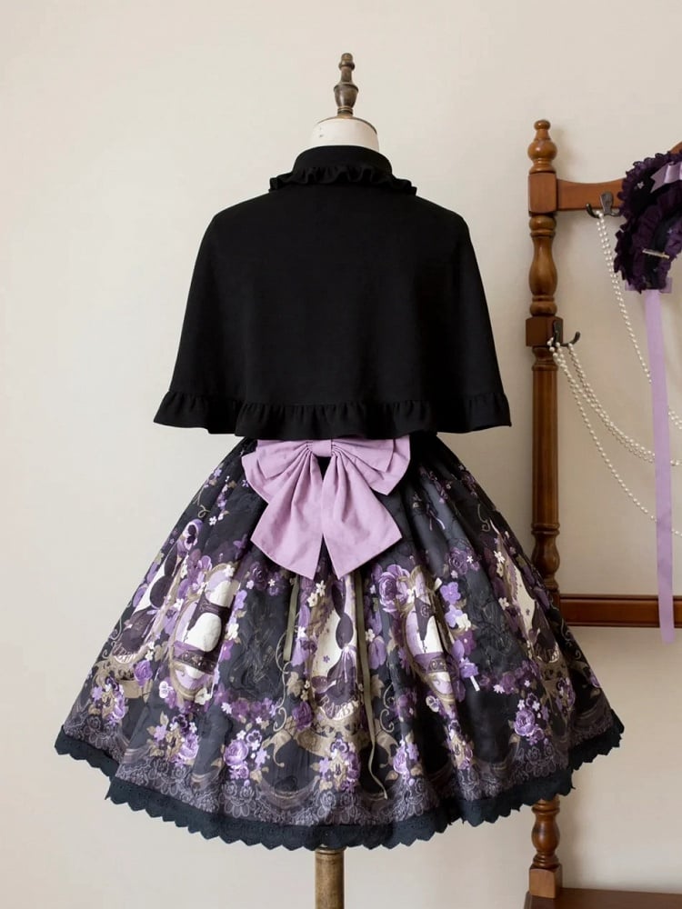 Cape Bonnet Purple Black Jacquard Print + Floral Lolita Full Set Dress JSK