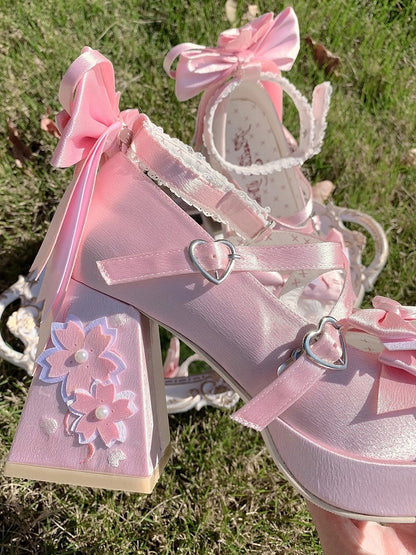 Details Crisscross - Embroidered High Pink with Platform Bow Design Floral Lolita Heel Sweet Block Shoes
