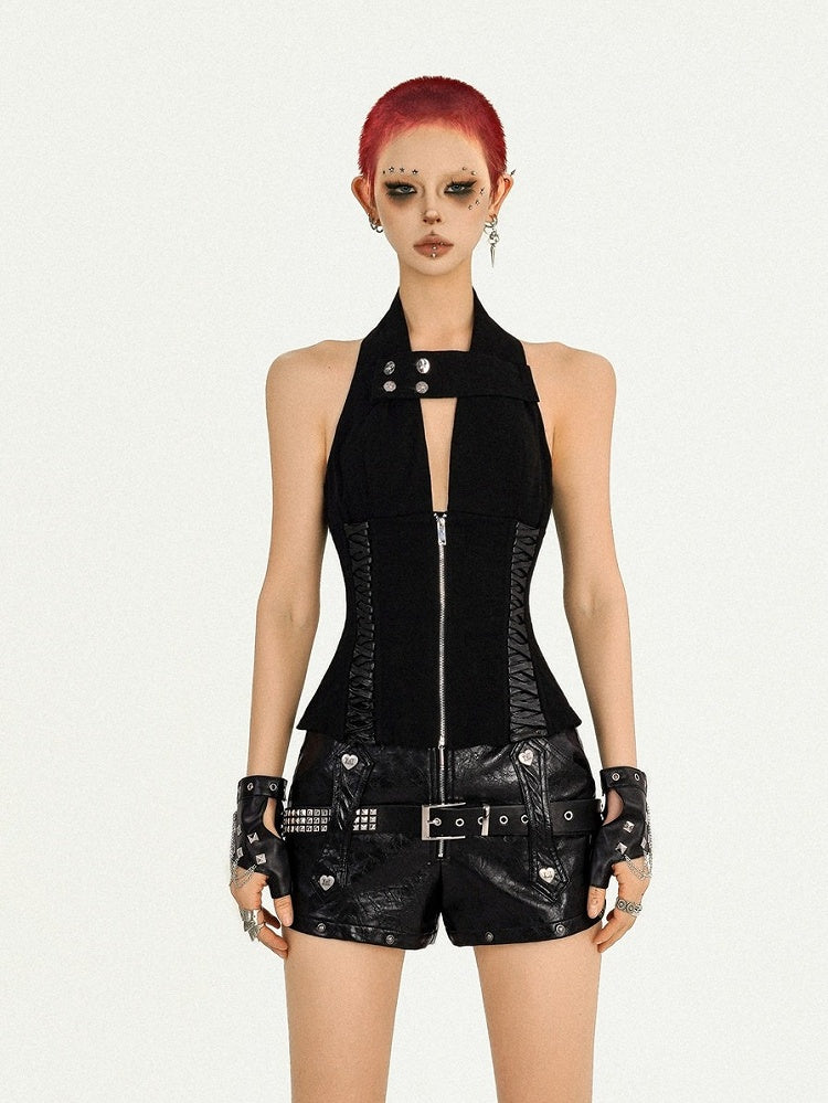 Punk Halter Top with Zipper Accents