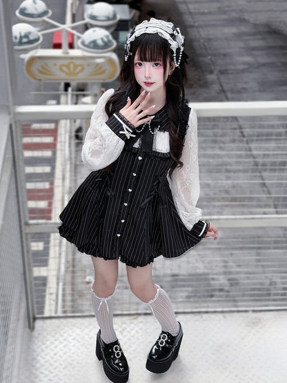 with Decor and Bead Shorts Kei Dress + Matching Black Long-Sleeve Stripe Set Chain Jirai Bow Lace White