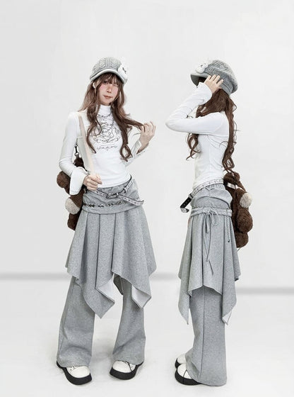 Y2K Neck Sleeve Velvet Pattern Mock Bear With Long T-Shirt White